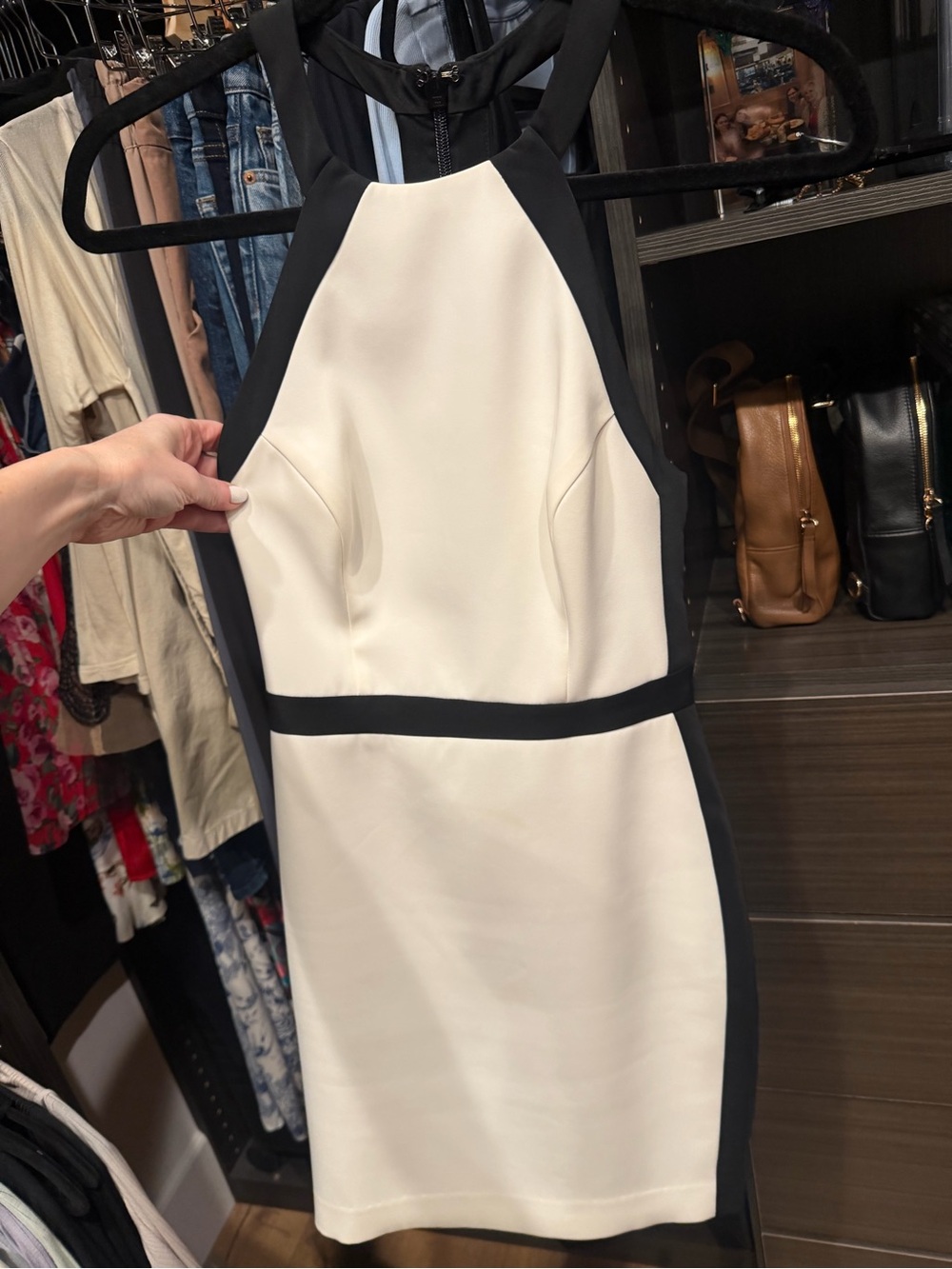 BCBGMaxAzria Black and White Halter cut out Sheath Dress